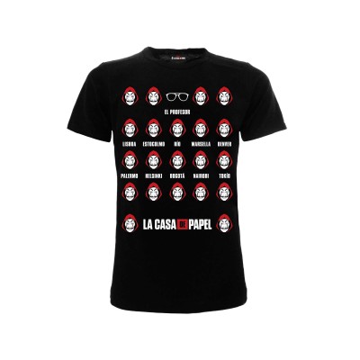 MAGLIA T SHIRT LA CASA DE PAPEL LA CASA DI CARTA NOMI MASCHERE NERA