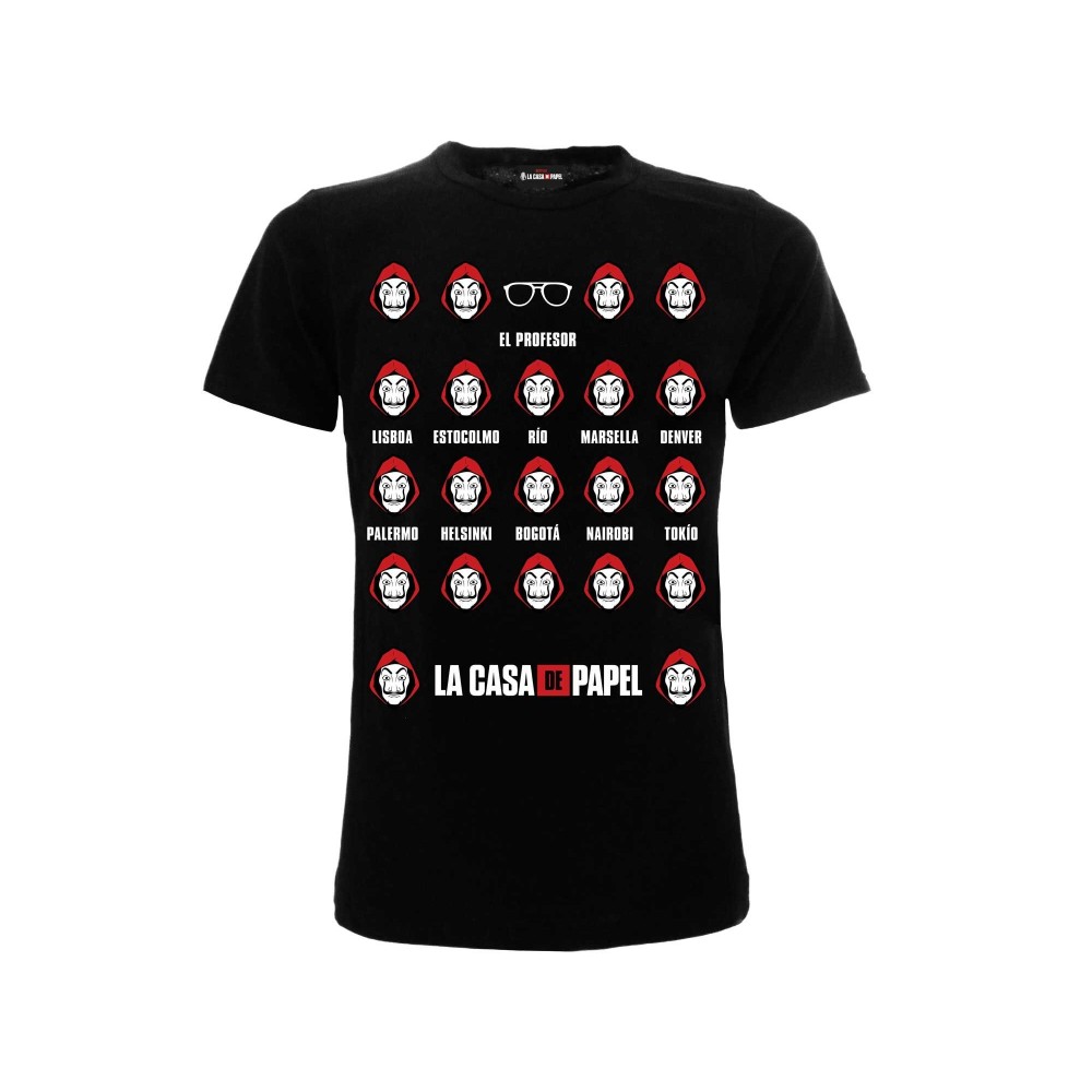 MAGLIA T SHIRT LA CASA DE PAPEL LA CASA DI CARTA NOMI MASCHERE NERA