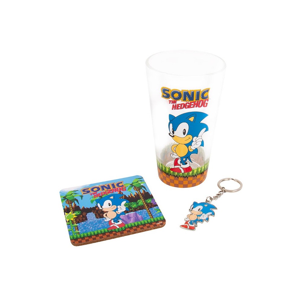 SONIC THE HEDGEHOG GIFT SET BICCHIERE SOTTOBICCHIERE E PORTACHIAVI FIZZ CREATIONS
