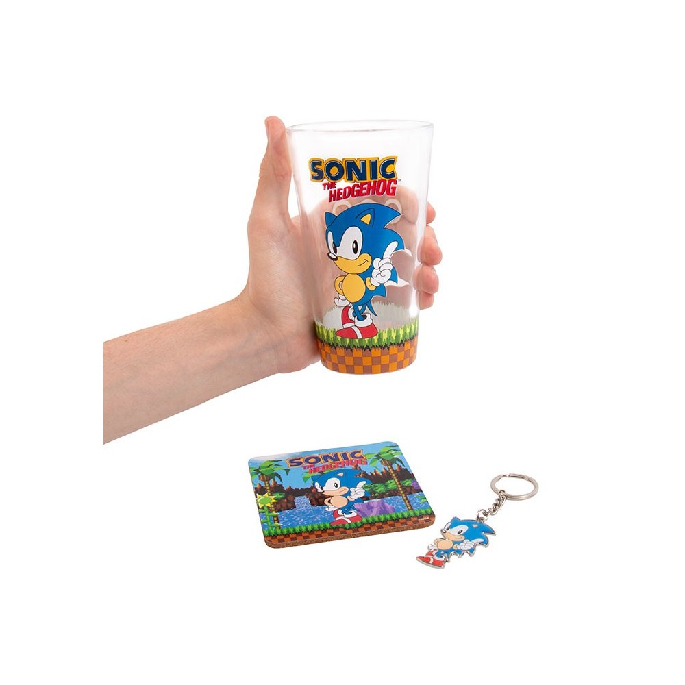SONIC THE HEDGEHOG GIFT SET BICCHIERE SOTTOBICCHIERE E PORTACHIAVI FIZZ CREATIONS