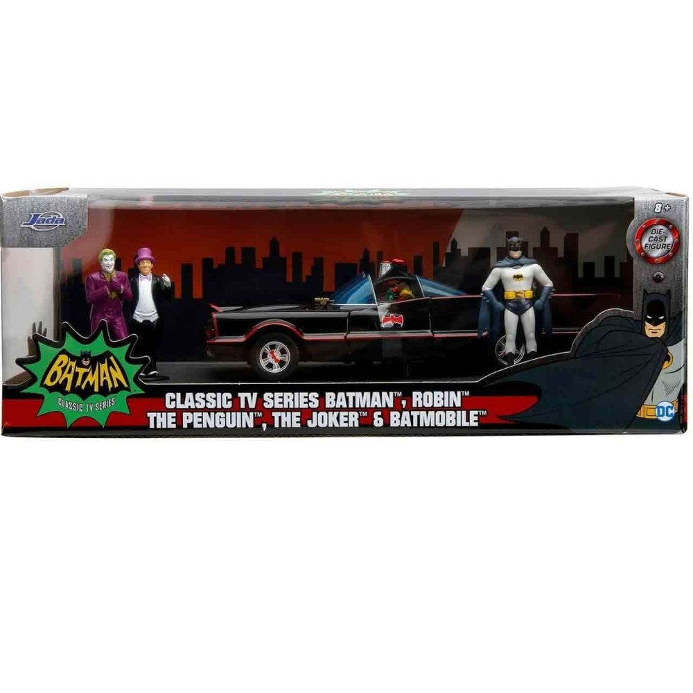 JADA TOYS BATMAN TV SERIES 1966 BATMOBILE DIE CAST 1/24 MODEL WITH BATMAN, ROBIN, JOKER AND PENGUIN