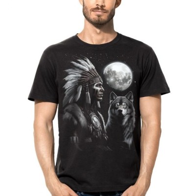 T SHIRT DARK EMBER GUITAR INDIAN CHIEF WOLF