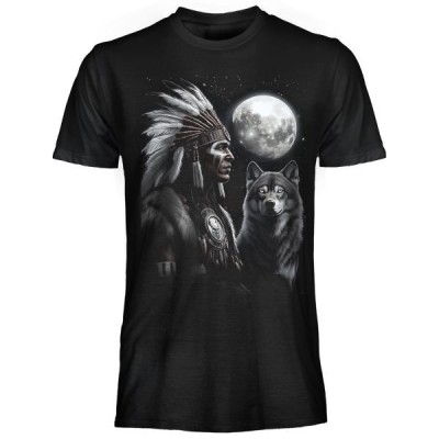 T SHIRT DARK EMBER GUITAR INDIAN CHIEF WOLF